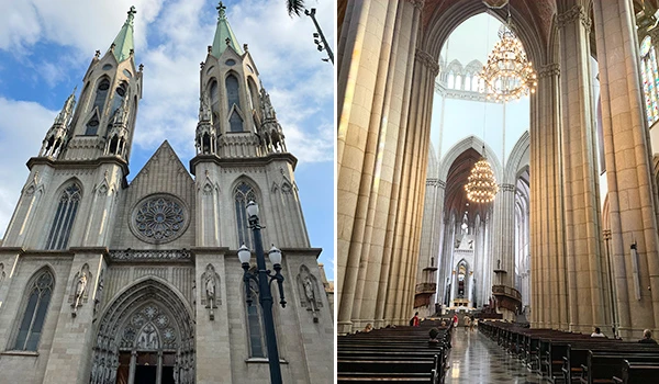 Vista externa e interna da Catedral da Sé em São Paulo, destacando sua arquitetura gótica impressionante e detalhes ornamentais.