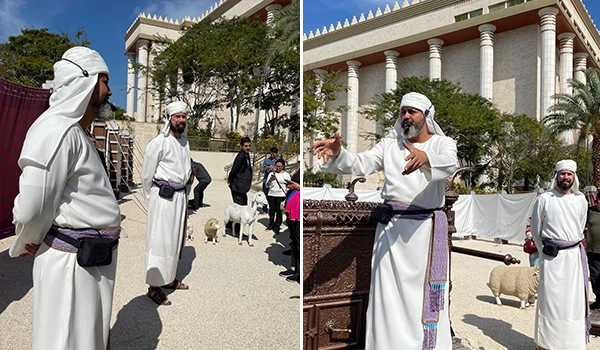Cena de encenação histórica com representantes vestindo trajes tradicionais, elucidadando práticas culturais em um ambiente com arquitetura impressionante.