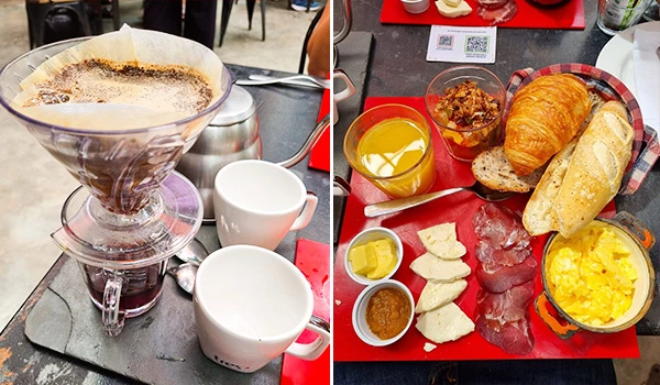 Imagem mostrando um café coado acompanhado de um delicioso café da manhã com pães, queijos, carnes e suco. Uma ótima maneira de começar o dia!