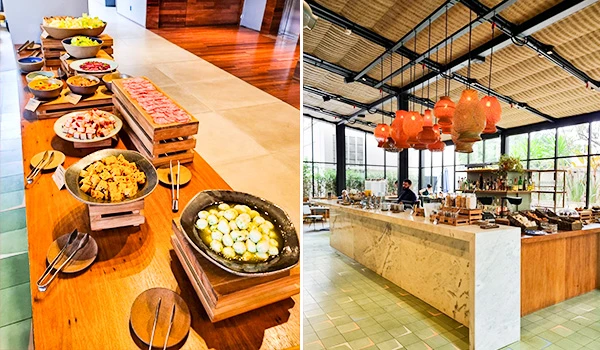Buffet de gastronomia variada no café da manhã em ambiente contemporâneo, com pratos coloridos e decoração elegante, ideal para eventos e refeições especiais.