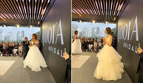 Desfile de noivas no evento Amora Bridal, destacando modelos com vestidos de noiva deslumbrantes em um ambiente elegante, no Casar, um dos eventos para casamento em São Paulo.