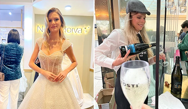 Imagem de duas mulheres em eventos diferentes: uma vestindo um vestido de noiva e outra brindando com champanhe. Ambas refletem a elegância e celebrações especiais.