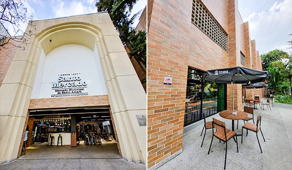Galeria de imagens mostrando a entrada de um mercado municipal tradicional e um espaço externo de café em um edifício moderno de alvenaria de tijolos, com mesas e cadeiras ao ar livre.