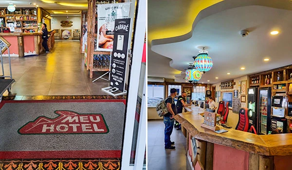 Recepção de hotel com balcão de atendimento, decoração moderna e ambiente acolhedor, ideal para hospedes que procuram conforto e boas tarifas em Boituva.