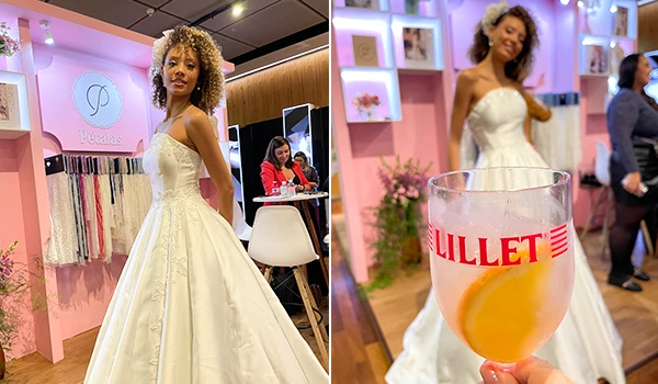 Modelo exibindo vestido de noiva em evento de moda, com detalhes em branco e atmosfera elegante. Fundo rosa e acessórios em um dos eventos para casamento em São Paulo.