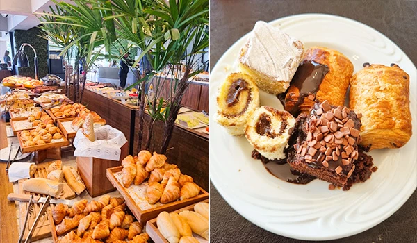 Deliciosa mesa de café da manhã com uma variedade de pães, croissants e doces. Uma explosão de sabores para começar bem o dia!