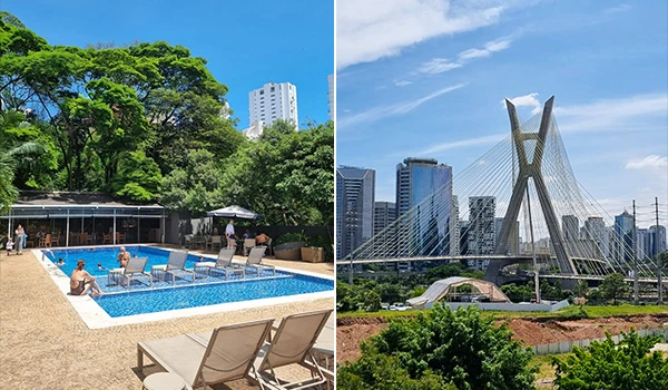 Imagem de uma piscina em um ambiente arborizado, com pessoas relaxando e uma vista da Ponte Estaiada ao fundo, retratando a beleza urbana e natural de São Paulo.