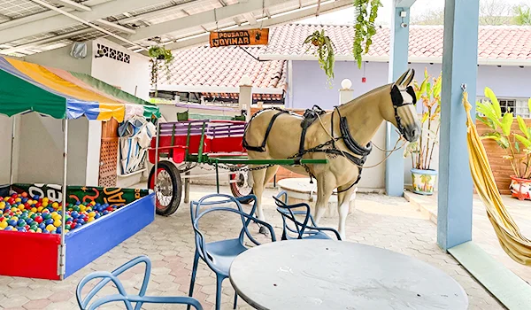 Área de lazer coberta com mesas e cadeiras, um cavalo selado puxando uma charrete vermelha e um brinquedo de pescaria com bolinhas coloridas, em ambiente rural.