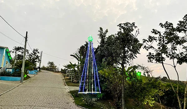 Área externa de pousada rural com caminho de paralelepípedos, árvores, vegetação e decoração natalina iluminada em formato de árvore, com luzes azuis e verdes ao entardecer.