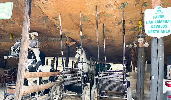 Abrigo rústico com teto de madeira e palha, decorado com carroças antigas, manequins vestidos de peões e arreios, além de uma placa com a mensagem “Favor não amarrar cavalos nesta área”.