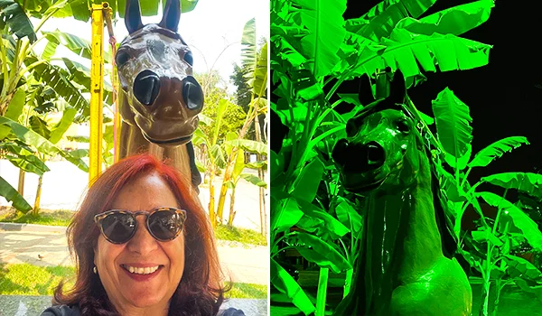 Fotomontagem de uma mulher sorrindo com óculos escuros ao lado de uma escultura de cavalo em meio à vegetação tropical. À direita, a escultura aparece iluminada por luz verde intensa, cercada por grandes folhas de bananeira.
