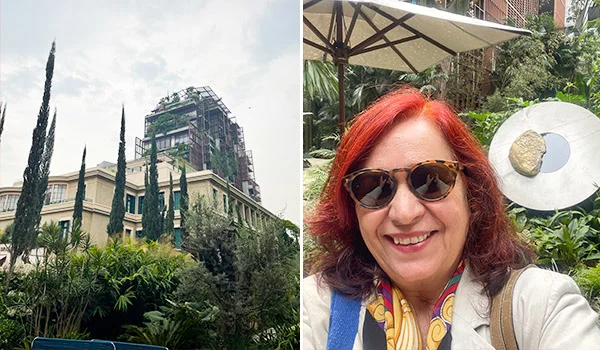 2 fotos, uma do edifício do Hotel Rosewood e outra de Deusa Rodrigues no restaurante, área externa no jardim. Um dos hotéis mais caros de SP.