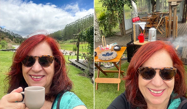 Selfie em um lindo cenário natural, Deusa Rodrigues tomando um café. O ambiente é relaxante e convidativo.