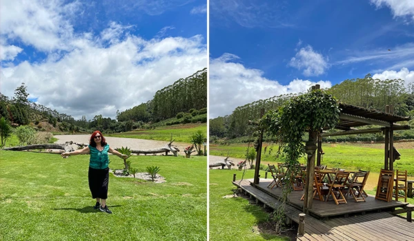 Deusa Rodrigues em um campo verde da Cervejaria Dus Grillos com árvores ao fundo e céu azul.