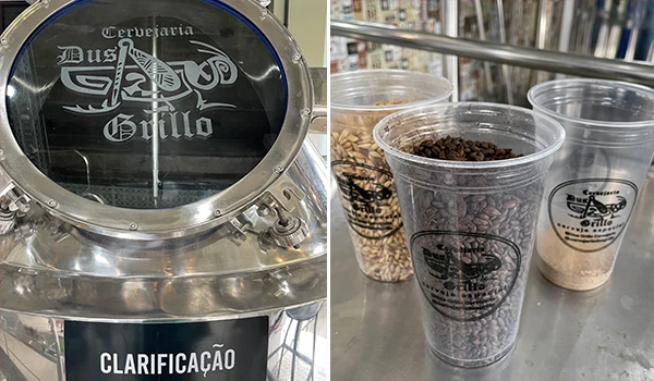 Imagem da Cervejaria Dus Grillo mostrando o processo de clarificação da cerveja, com copos de ingredientes e equipamento de produção.