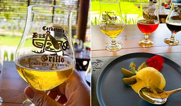 Cerveja artesanal da Cervecería Dus Grillo servida em taças. Deliciosas opções de cervejas especiais acompanhadas de um prato sobremesa gourmet.