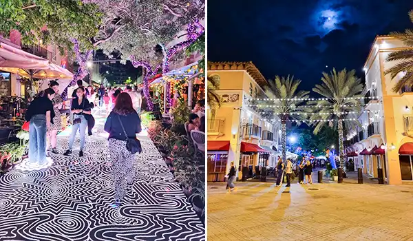 Imagem noturna de área urbana vibrante com luzes coloridas, pessoas caminhando e um céu estrelado. Espaço com decoração festiva e palmeiras.