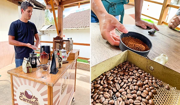 Um barista preparando café em uma bancada, com grãos de café e pó em evidência, na degustação da bebida na Rota das Montanhas Capixabas.