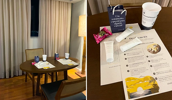 Ambiente aconchegante de spa com mesa preparada, produtos de beleza e menu especial para tratamento. Ideal para momentos de relaxamento e cuidados pessoais.