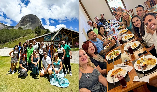 2 fotos do grupo de influenciadores de viagem  ao ar livre em frente da Pedra Azul. À direita o grupo em uma mesa farta com alimentos variados, onde as pessoas compartilham uma refeição alegre.