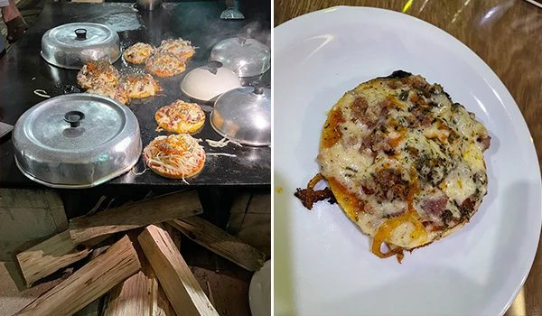 Imagem mostrando uma deliciosa pizza assada em forno a lenha, com bordas crocantes e cobertura generosa de carne e queijo, utilizando a massa de polenta.  Rota das Montanhas Capixabas.