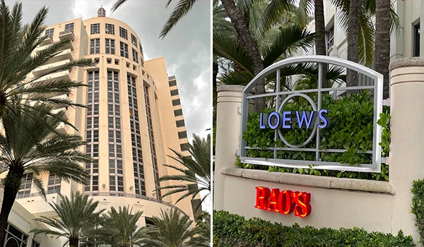 Imagem mostrando o Hotel Loews e a entrada do famoso restaurante Rao's, em uma área com palmeiras ao redor. Uma das atrações em South Beach.