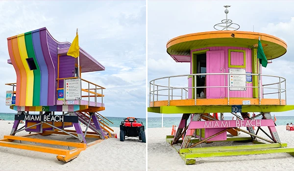 2 fotos com imagens de colorida de pontos turísticos de Miami Beach, destacando as icônicas torres de salva-vidas em tons vibrantes, situadas na praia. Uma das atrações de South Beach.