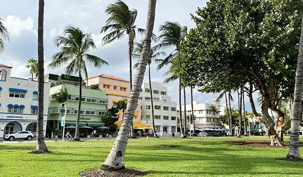 Vista a partir do Lummus Park, com palmeiras, prédios coloridos e céu nublado, capturando a essência do estilo de vida tropical da cidade. Uma das atrações de South Beach.