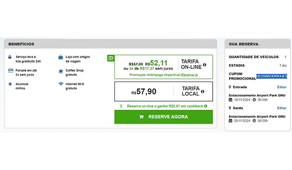 Imagem mostrando os benefícios de uma reserva de estacionamento com tarifas promocionais e um cupom de desconto. Benefícios incluem Wi-Fi gratuito e lojas.