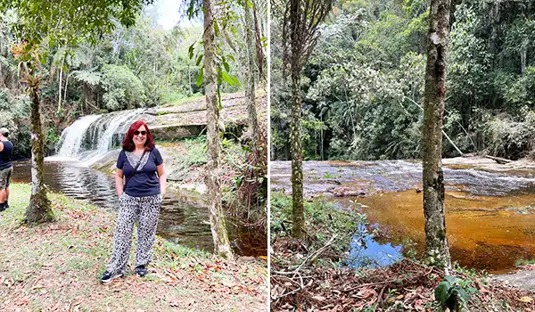 Deusa Rodrigues em uma cachoeira em uma floresta tropical, destacando a beleza natural do local. Rota das Montanhas Capixabas.