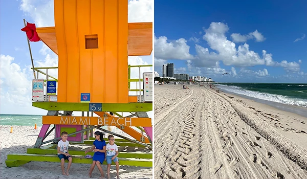 Duas fotos, uma com crianças sentadas em um posto de salvamento laranja na praia sob um céu azul claro e outra da extensão longa da praia com prédios ao fundo. Uma das atrações de South Beach.