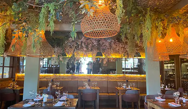 Ambiente elegante de restaurante com iluminação suave e decoração verde, ideal para jantares românticos ou encontros especiais.