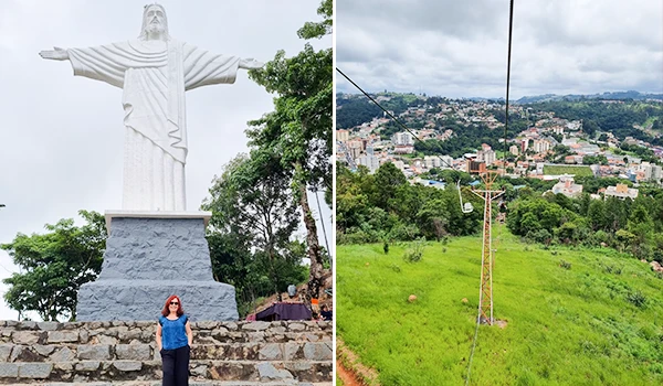 Serra Negra além da Fontana di Trevi a foto mostra a vista panorâmica do Cristo Redentor em uma cidade montanhosa, destacando a interação entre natureza e urbanismo, com pessoas apreciando a paisagem.