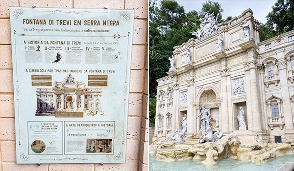 2 fotos compostas com Imagem Serra Negra Fontana di Trevi, incluindo informações históricas e culturais sobre a fonte icônica italiana.