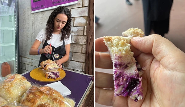 Imagem de uma jovem servindo um bolo de fruta, destacando a textura macia e o recheio de goiabada. Ideal para amantes de confeitaria e doces.