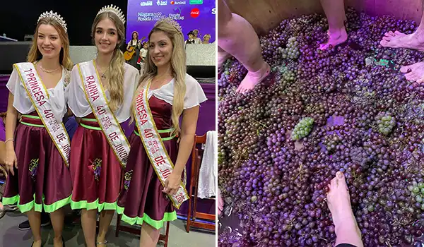 Três mulheres com vestidos tradicionais participam de evento da colheita de uva, enquanto outra imagem mostra pés pisando uvas, na típica Festa da Uva de Jundiaí.