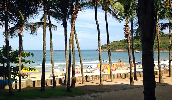 Imagem da Praia de Pernambuco no Guarujá com palmeiras, areia clara e guarda-sóis coloridos sob um céu azul. Um dos lugares baratos para Lua de Mel em SP.