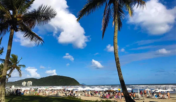 Praia movimentada com palmeiras, céu azul e pessoas aproveitando o dia ensolarado na costa brasileira. Um dos lugares baratos para Lua de Mel em SP.