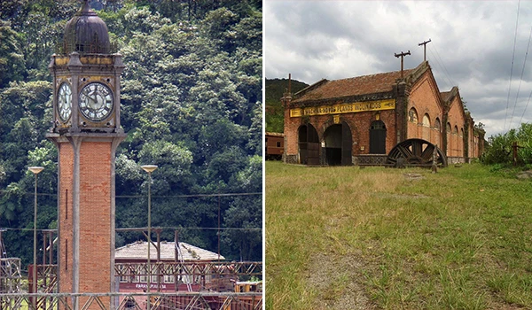 Relógio da estação antiga simbolizando a história da ferrovia. A imagem mostra a antiga arquitetura da estação com detalhes em tijolos e o relógio da torre ao fundo.