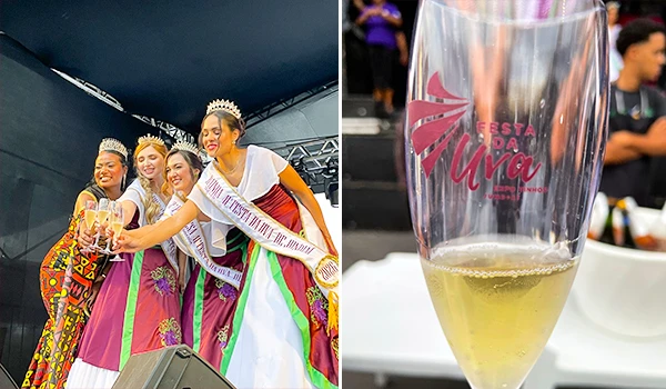 Celebração do Festa da Uva com mulheres vestidas com roupas tradicionais e taça de espumante na mão na festa que celebra a cultura brasileira.