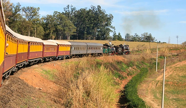 Trens de época em uma paisagem rural, destacando locomotivas a vapor e vagões coloridos em um cenário natural. Um dos lugares baratos para Lua de Mel em SP.