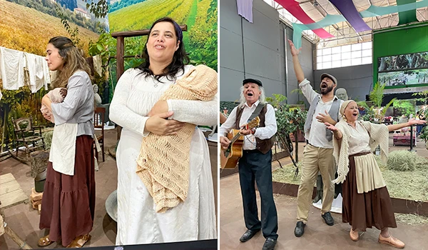 Imagens de um grupo de pessoas participando de um evento ao ar livre, com decoração colorida e ambiente festivo, envolvendo música, dança e celebração.