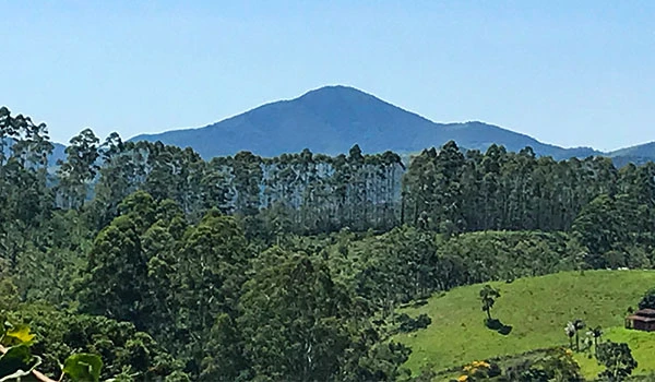 Vista panorâmica da Serra mostrando montanhas e vasta vegetação. Esta imagem destaca a beleza natural e a biodiversidade da região.