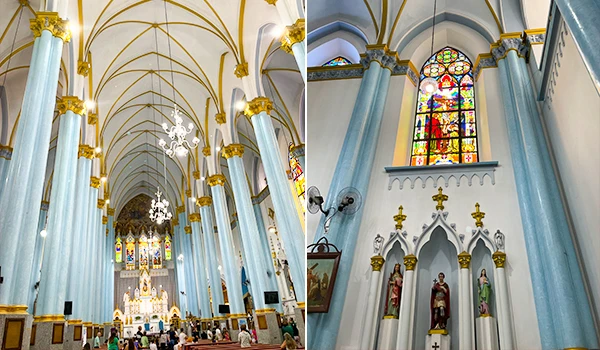Igreja com arquitetura impressionante, destacando colunas azuis e detalhes em dourado. Vitral colorido e elementos decorativos internos.