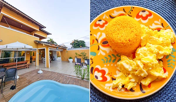 Fachada de uma casa amarela com piscina e varanda ao lado de um prato colorido com comida. A imagem combina arquitetura e culinária.