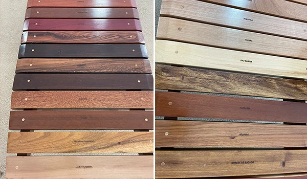 Imagens de amostras de diferentes tipos de madeiras com identificação em placas, exibindo diversas tonalidades e acabamentos para escolha de decoração.