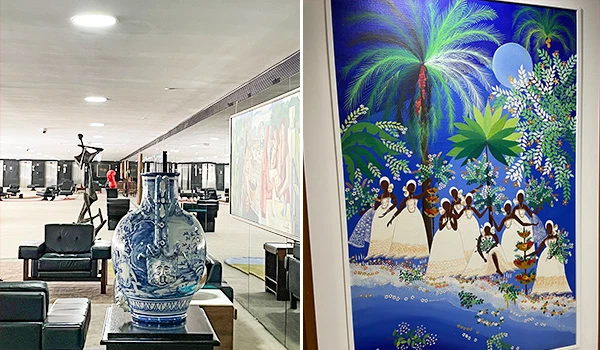 Ambiente com escultura, vasos e pintura colorida, destacando a cultura brasileira e arte contemporânea