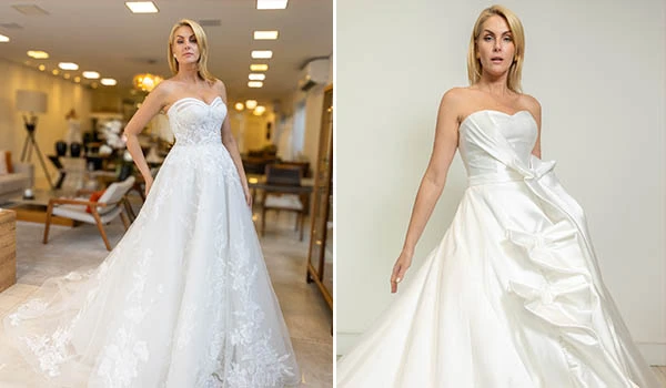 Vestido de noiva elegante com detalhe em fino tecido de seda e renda, perfeito para casamentos sofisticados. Design moderno e confortável, participação Ana Hickmann. Evento Casar.com para Noivas.