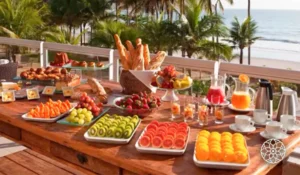 Breakfast ao ar livre com variedade de frutas, sucos, pães e doces com vista para a praia e palmeiras, ideal para um café da manhã relaxante na orla.