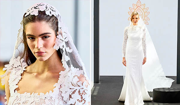 Duas modelos exibindo vestidos de noiva elegantes em uma passarela, destaque para detalhes de renda e saia longa, perfeito para casamentos sofisticados. Evento Casar.com para Noivas.